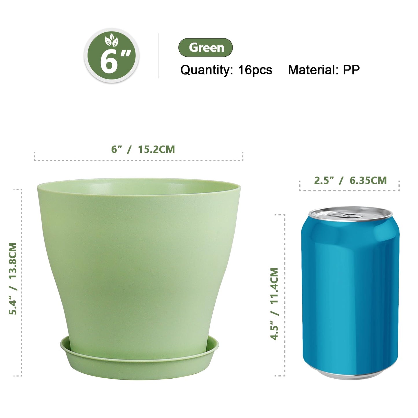 Meowell 6 inch Plastic Nursery Pots,16 Pack Plant Pots for Small Indoor Outdoor Plants, Flower Pots with Drainage Holes and Saucers, Decorative Seedling Starter Planters for House Plants, Green