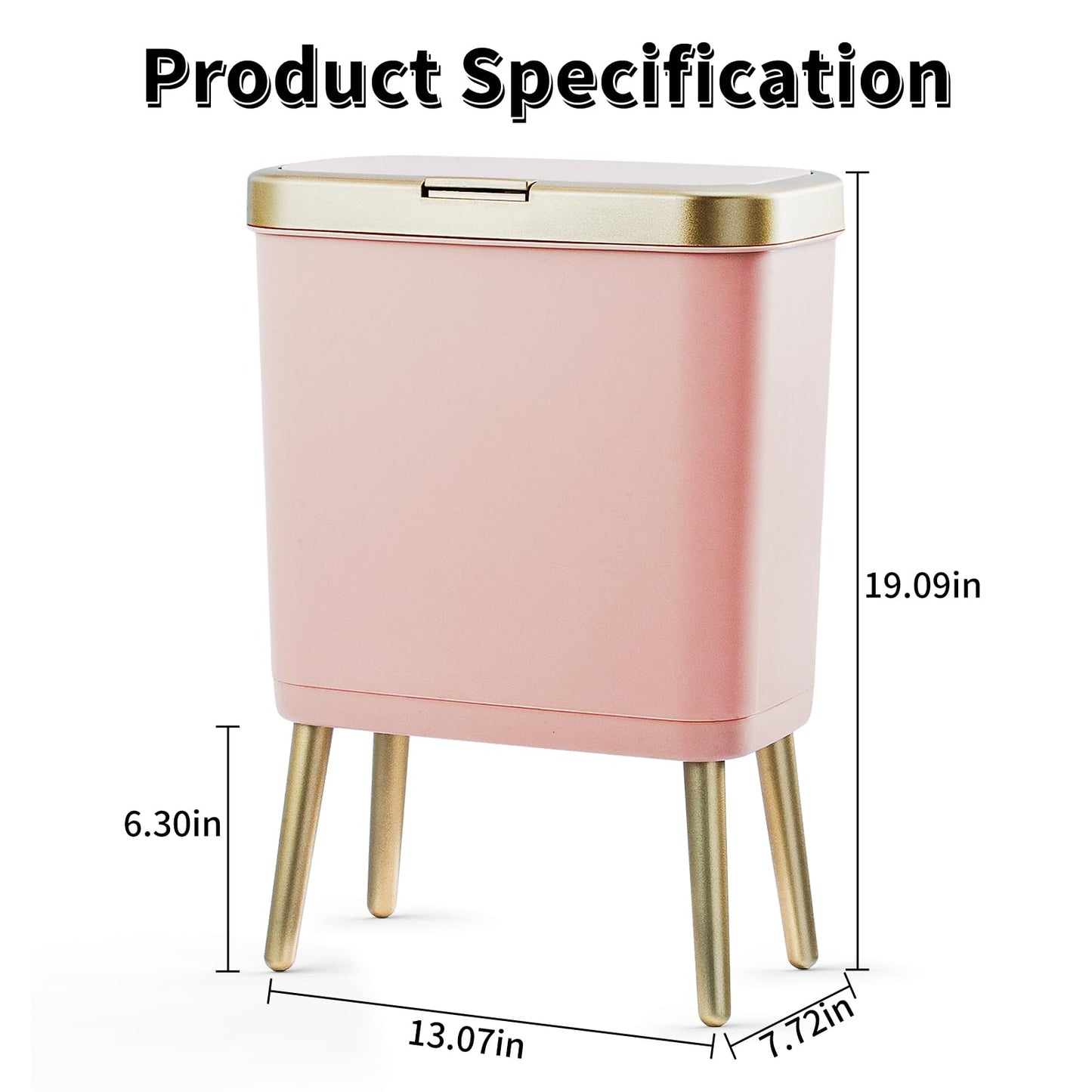 Procade Bathroom Trash Can with Lid, 4 Gallon Pink Garbage Can, Tall Plastic Trash Bin with Push Button, Slim Gold Trash Can Waste Basket for Room, Bedroom,Office,Kitchen