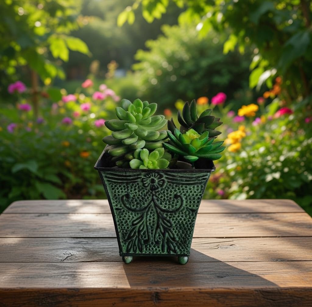 Hosley Set of 4 Green Patina Embossed Metal Planters with Ornate Floral Design, 5.25" L x 5.25" W x 5" H – Ideal for Floral Arrangements, Home Décor, Garden Accents, Rustic Weddings.