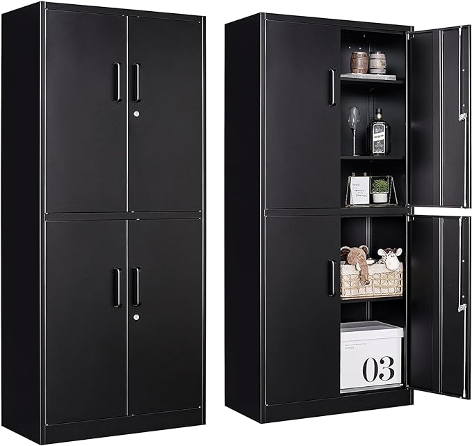 Metal Storage Cabinet with 3 Adjustable Shelves and 4 Doors, Steel Tool Cabinets