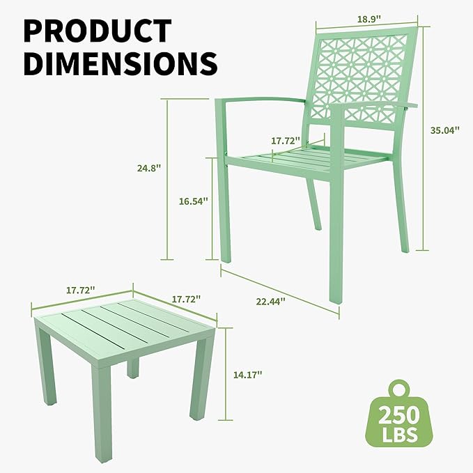 GarveeTech 3 PCS Outdoor Bistro Set, Stackable Modern Metal Steel Table and
