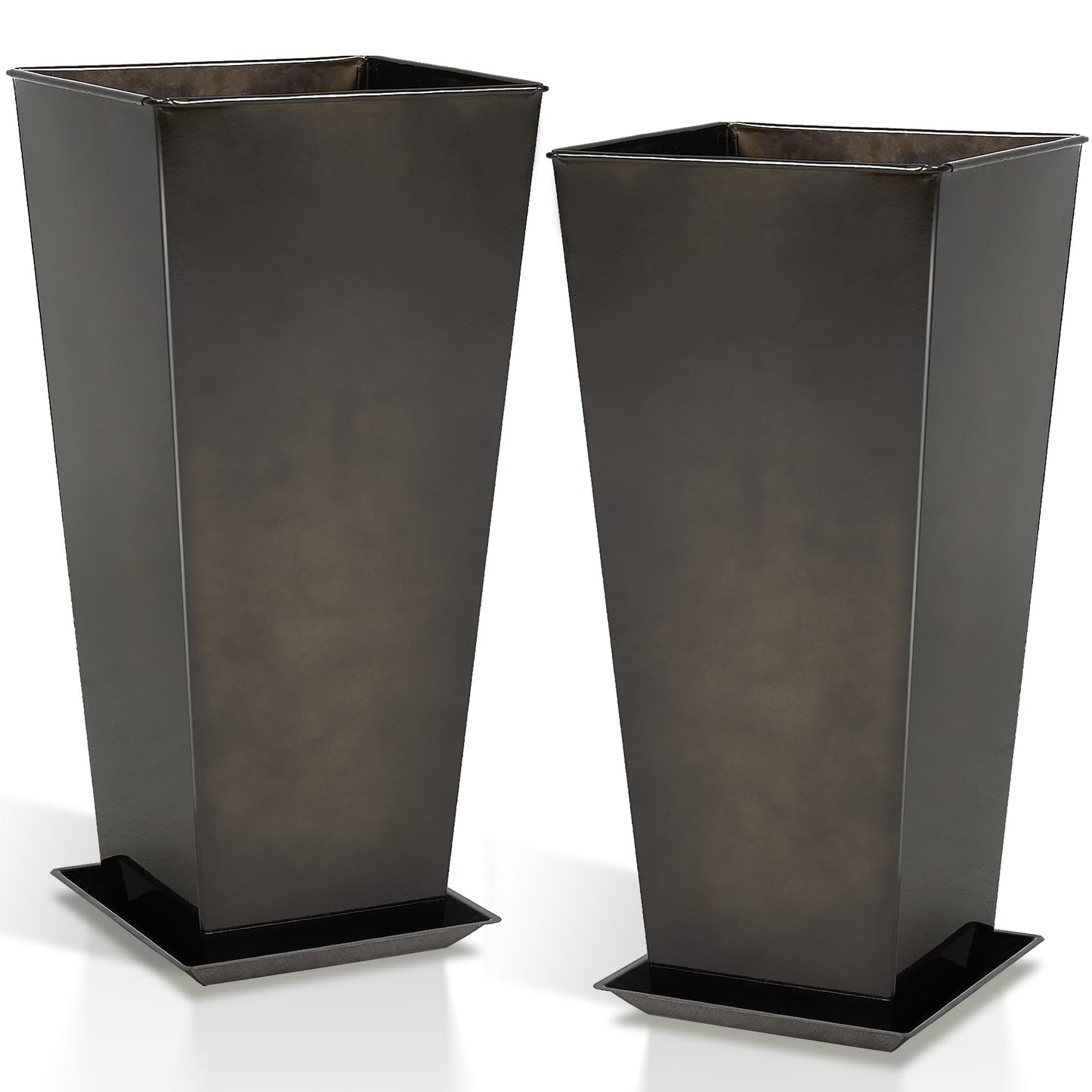 Worth Garden 25" Large Metal Glazed Planter Set of 2, Luxurious Glossy Finish Black Tall Square Tapered Steel Plant Pots, Decor Flower Pot Indoor & Outdoor, Drainage Hole & Dual-Purpose Plant Saucer