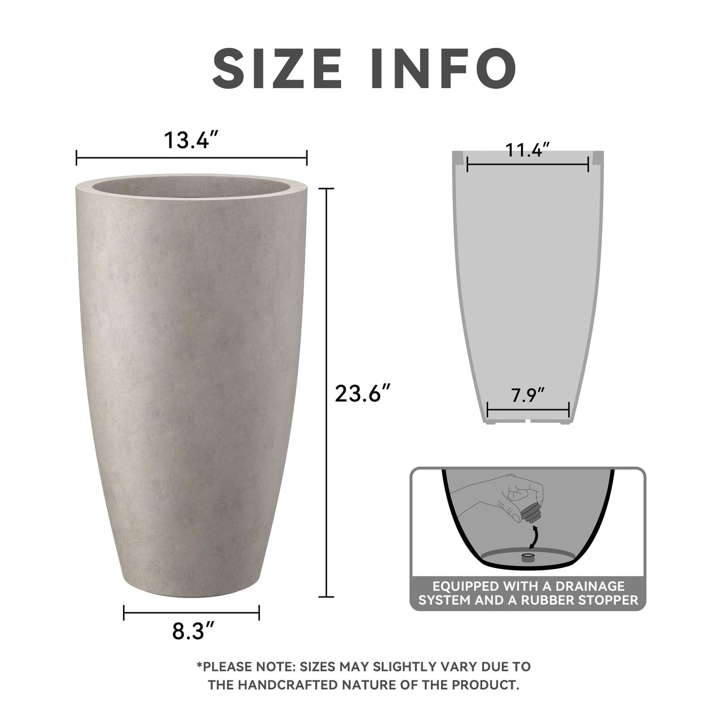 Kante 23.6" H Weathered Concrete Finish Concrete Tall Planters Large Outdoor Indoor Decorative Plant Pots with Drainage Hole and Rubber Plug, Modern Tapered Style for Home and Garden