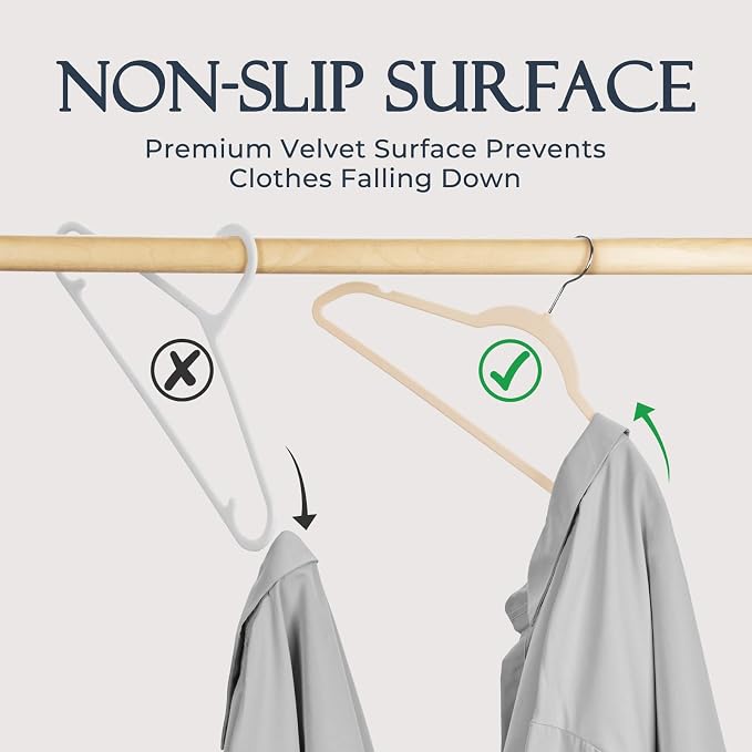 HOUSE DAY Beige Velvet Hangers 40 Pack, Non Slip Clothes Felt Hanger Heavy Duty for Coat, Premium Slim Space Saving Suit Hangers for Closet Organizer, 360° Rotating Silver Hook