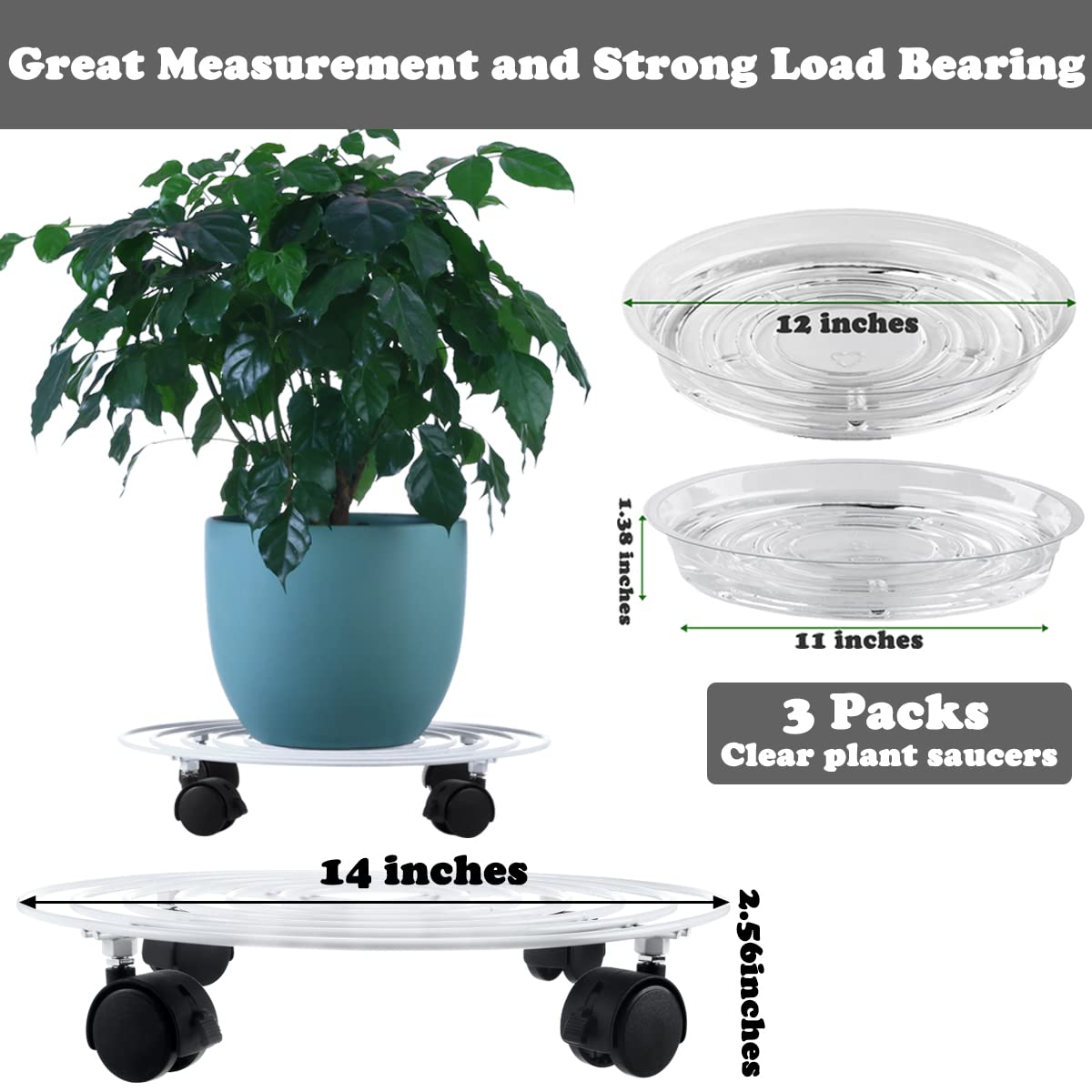 Planterhoma 3 Packs Large Metal Plant Caddy 13.8 Inches Plant Dolly with Wheels Heavy Duty Iron Rolling Plant Stand with Casters for Indoor and Outdoor Plant Pot Rollers White, 3-pack Plant Saucers
