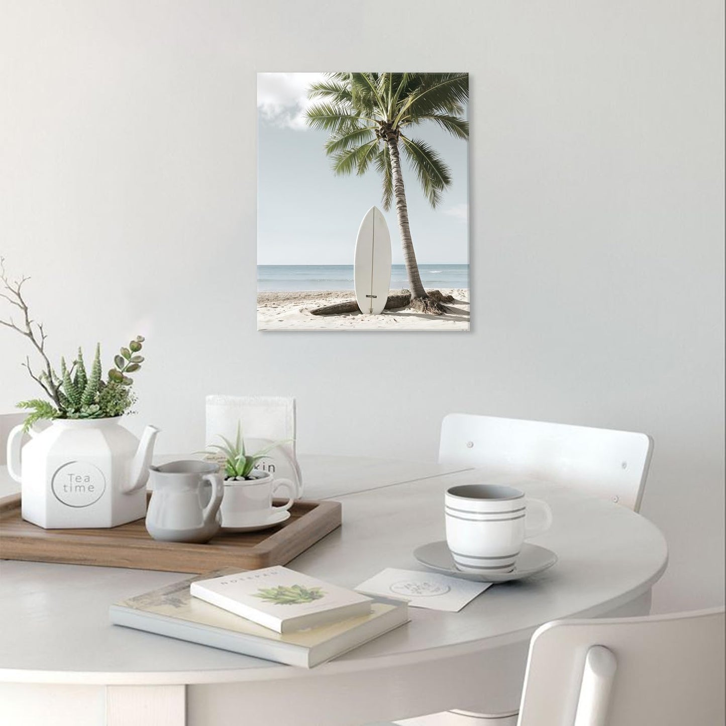 CHDITB Beach Canvas Wall Art, Coastal Palm Tree Surfboard Wall Decor, Ocean Wave Seagull Artwork, Minimalist Surfing Pictures, Tropical Beach Prints for Bathroom Living Room seaside Bedroom 8”x10”x6