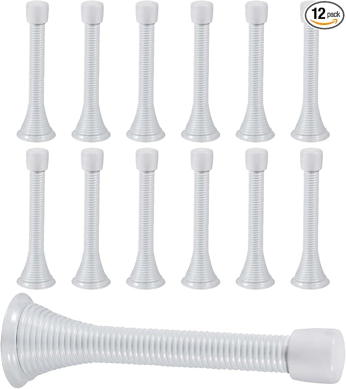 KISEER 12 Pack Spring Door Stops 3 1/4 Inch Flexible Heavy Duty Spring Door Stopper with RustProof Screw Rubber Bumper Tips (White)