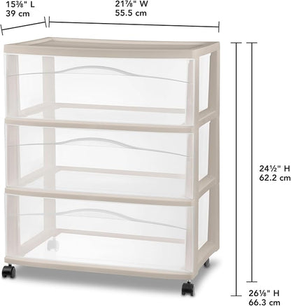 Sterilite 3 Pack Wide 3 Drawer Storage Cart, Rolling Organization, Grey | Clear Plastic Organizer Drawers with Wheels for Craft Supplies, Bath Essentials, or Home Accessories