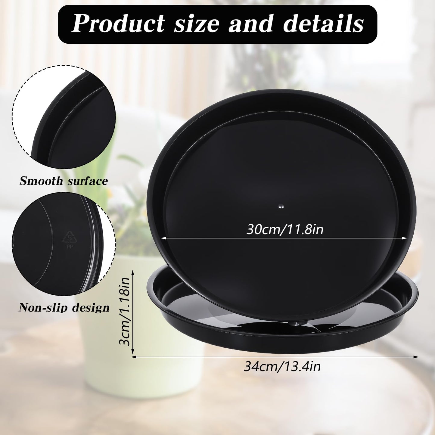 Pafeooui 20Pack 13.4 Inch Plant Saucer, Heavy Duty Black Plastic Plant Trays for Pots – Round Drip Trays for Indoor/Outdoor Flower Planters (13.4" x 13.4" x 1.2")