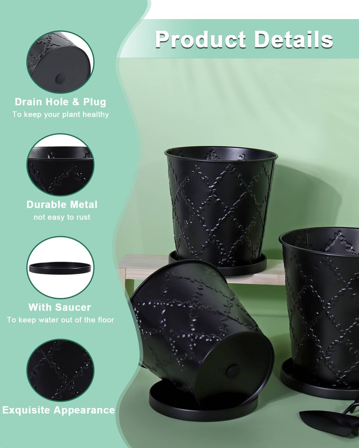 vensovo Black Galvanized Planters - 3 Pack Metal Pot with Drainage & Saucers – Rustic Tin Herb Pots for Indoor/Outdoor Plants – Farmhouse Flower Buckets for Wedding or Home Decor