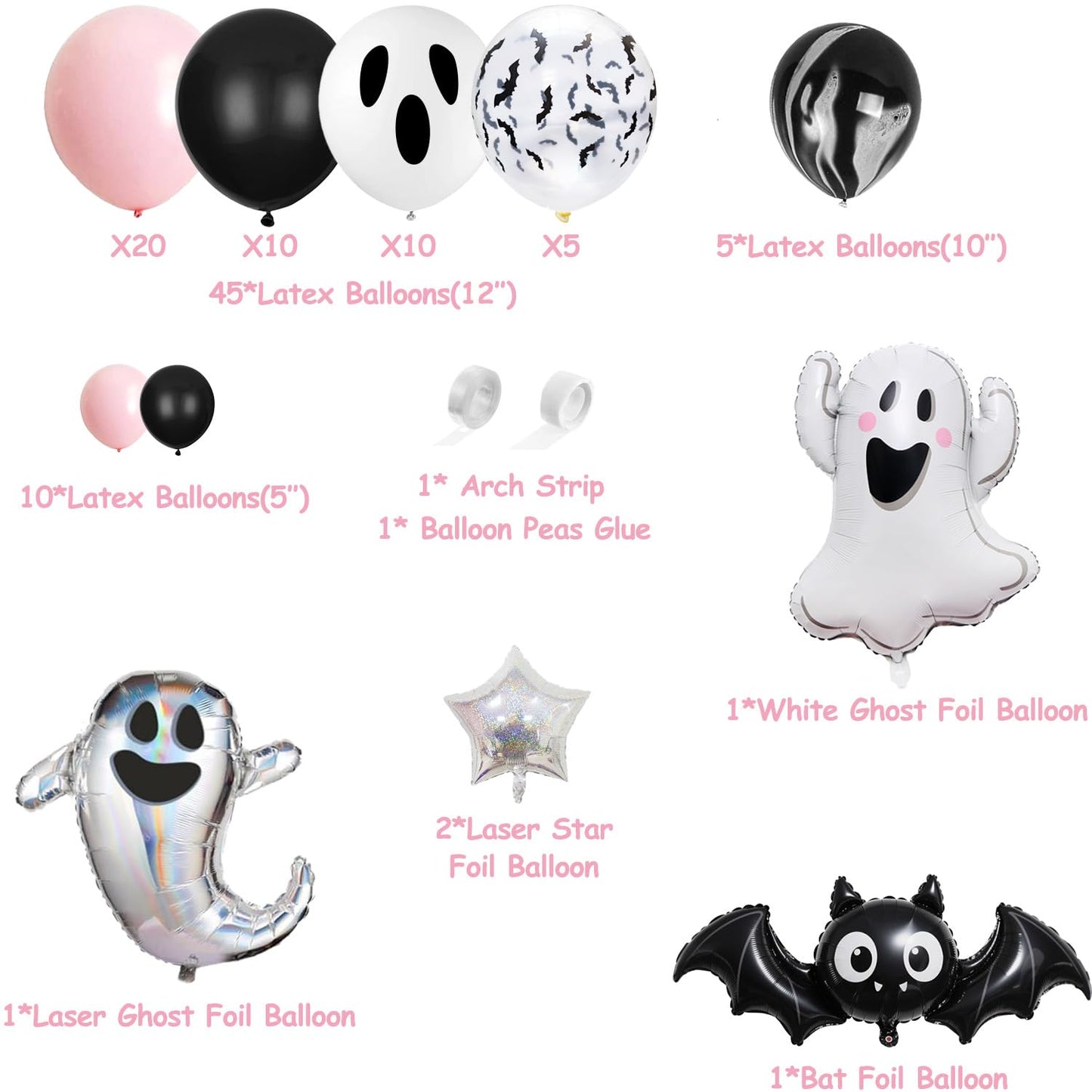 92 Packs Pink Black Halloween Birthday Party Kit Happy Boo Day Banner Cake Topper Ghost Cupcake Toppers Skeleton Bat Mylar Balloons for Pink and Black Halloween Birthday Party Decorations