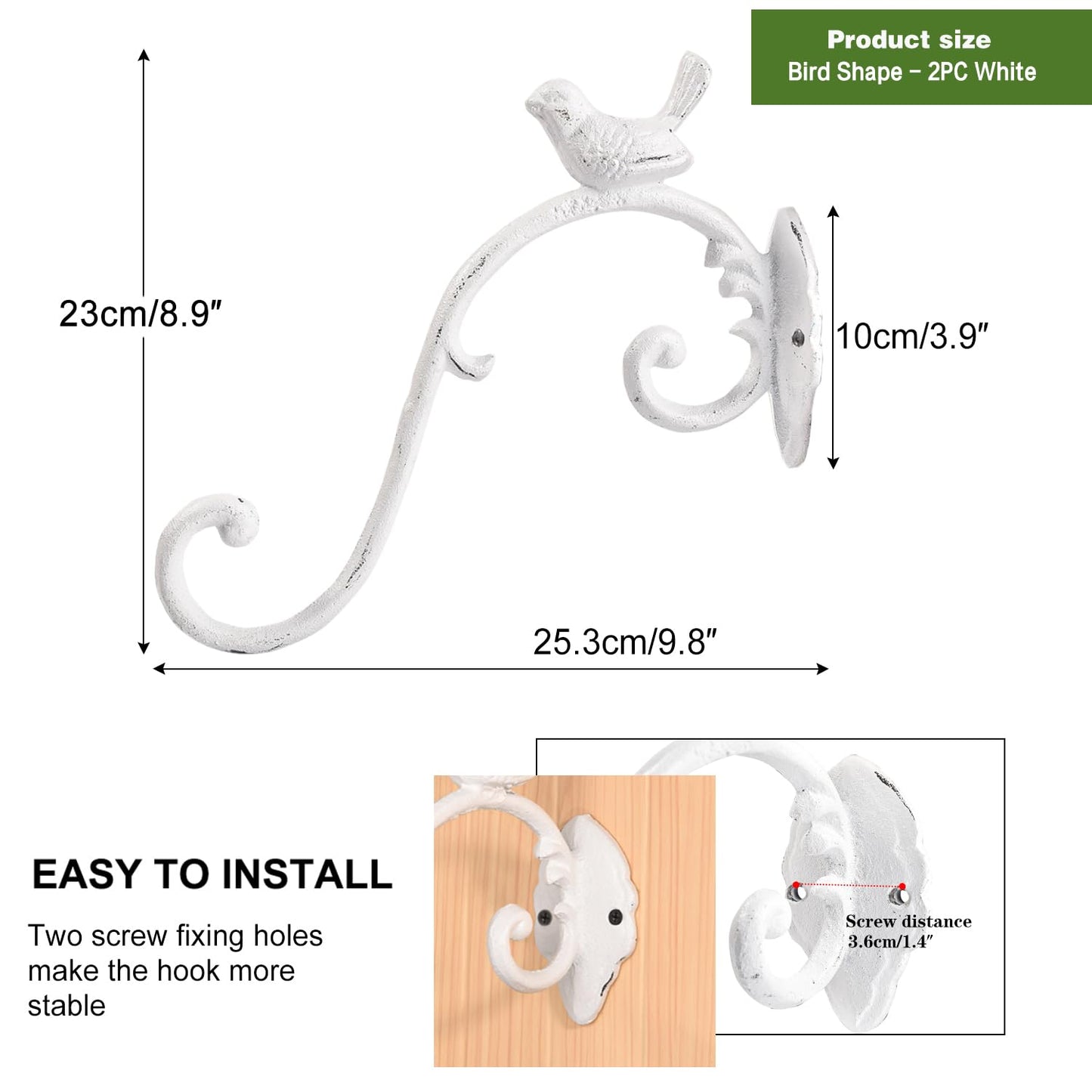 Sungmor Cast Iron Plant Hanger Wall Hooks, Heavy Duty Hanging Basket Brackets, Lovely Bird Shape & 10 inch & 2PC White, Decorative Wall Hangers for Planters Lanterns Bird Feeders Houses Wind Chimes