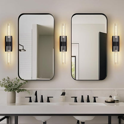 Modern Wall Sconces Set of 2, 22.8", 2-Light Indoor Wall Mounted Sconces with Glass Shade, Bathroom Black Vanity Light for Living Room,Hallway Entryway Stairway