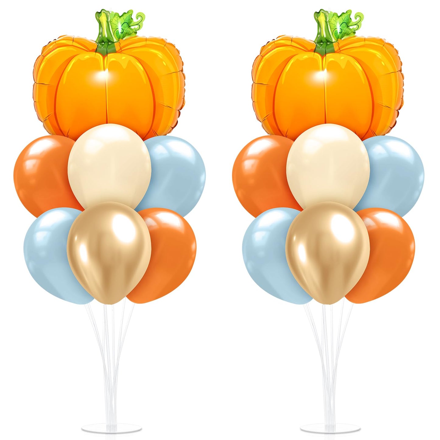 Seematn 2 Set Fall Balloon, Pumpkin Foil Balloons Stand Kit for Table Centerpiece for Baby Shower Thanksgiving Mid Autumn Birthday Wedding Party Decoration Beige, Gold, Burnt Orange, Blue