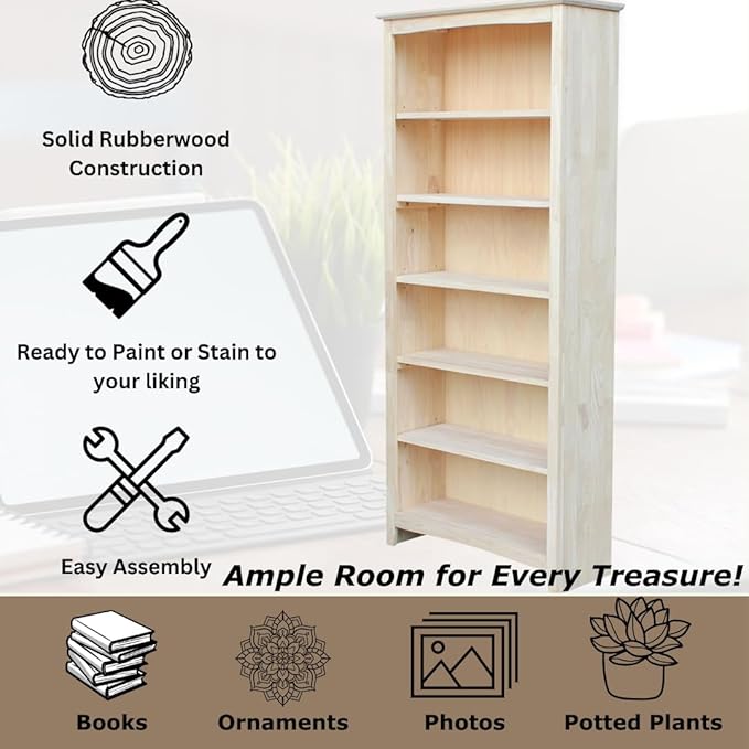 International Concepts Shaker Bookcase 72-Inch Tall, Solid Parawood, 5-Shelf
