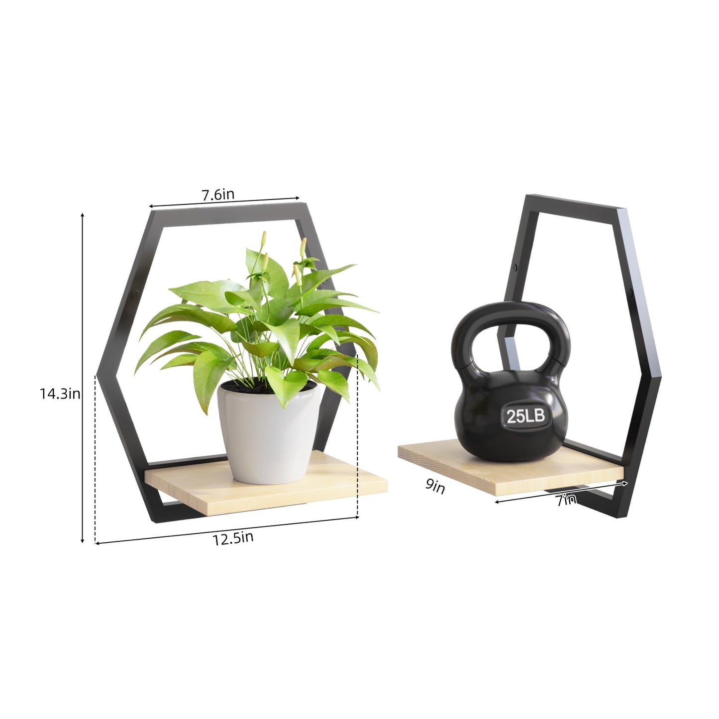 Rioneta 3 Pack Solid Wood & Heavy Duty Metal Wall Plant Stands,9 inch Natural Wood Shelf, Boho Arch Hanging Planter for Indoor 25 LB Load for Plants Black