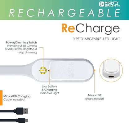 The Original Mighty Bright Recharge Clip On Rechargeable Book Light Reading Light, Warm Eye Care LEDs, Flexible, Durable, Dimmable, Perfect for Kids, Bookworms, Reading in Bed, Lasts 60 Hours (White)