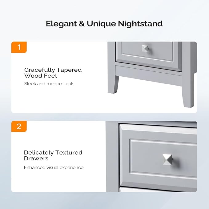 Bonnlo Gray Nightstand with 3 Drawers, Modern Night Stand