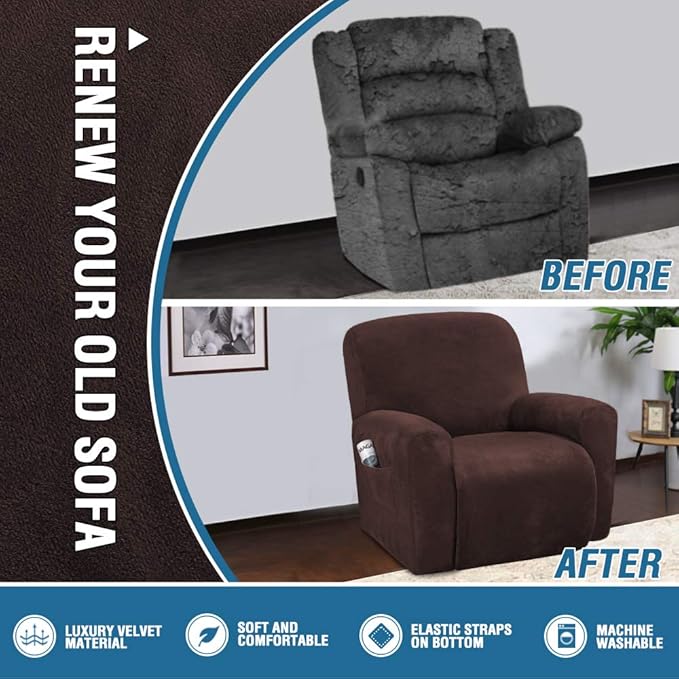 H.VERSAILTEX Velvet Stretch Recliner Couch Covers 4-Pieces Style Recliner Chair