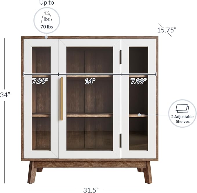 BELLEZE 31" Modern Display Curio Cabinet, 3-Tier White Storage Buffet