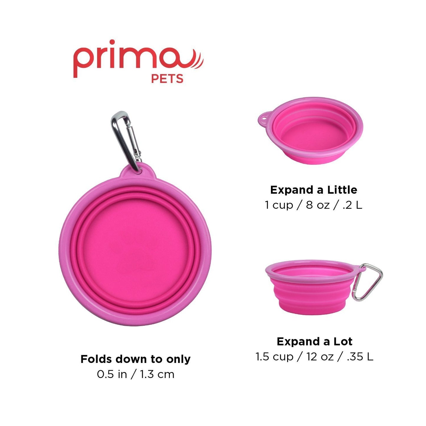 Prima Pet Collapsible Silicone Water Travel Bowl with Clip for Dog and Cat, Portable and Durable Pop-up Feeder for Convenient On-The-go Feeding - Size: Small (1.5 Cups) Pink - 2 Pack