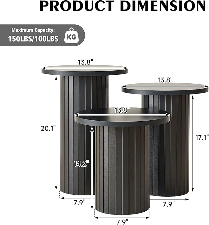 Round Side Tables Set of 3, Circle Modern Fluted Nesting Coffee Table, Accent