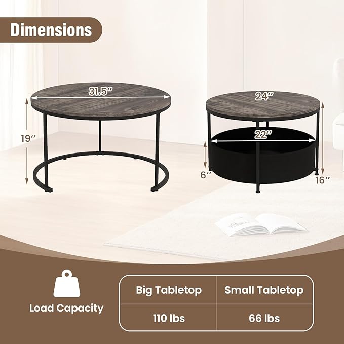 Tangkula Round Nesting Coffee Table Set of 2, Wooden Center End Table