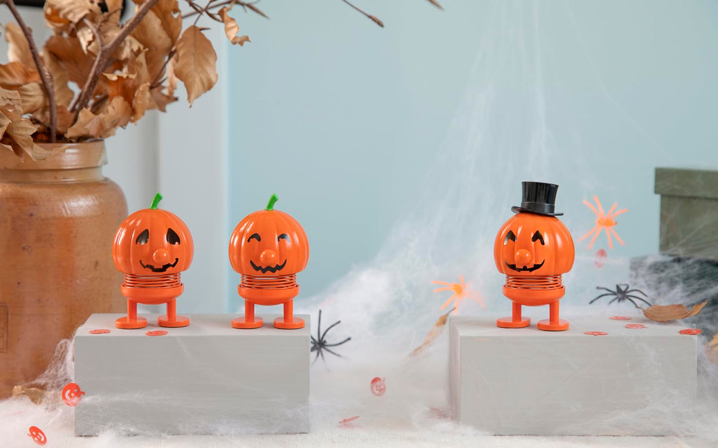 Hoptimist Pumpkin Bumble - Danish Design Home Decor Ornament - Plastic Figurine with a metal spring, Small - Creates Cheerful Movement - (Orange)