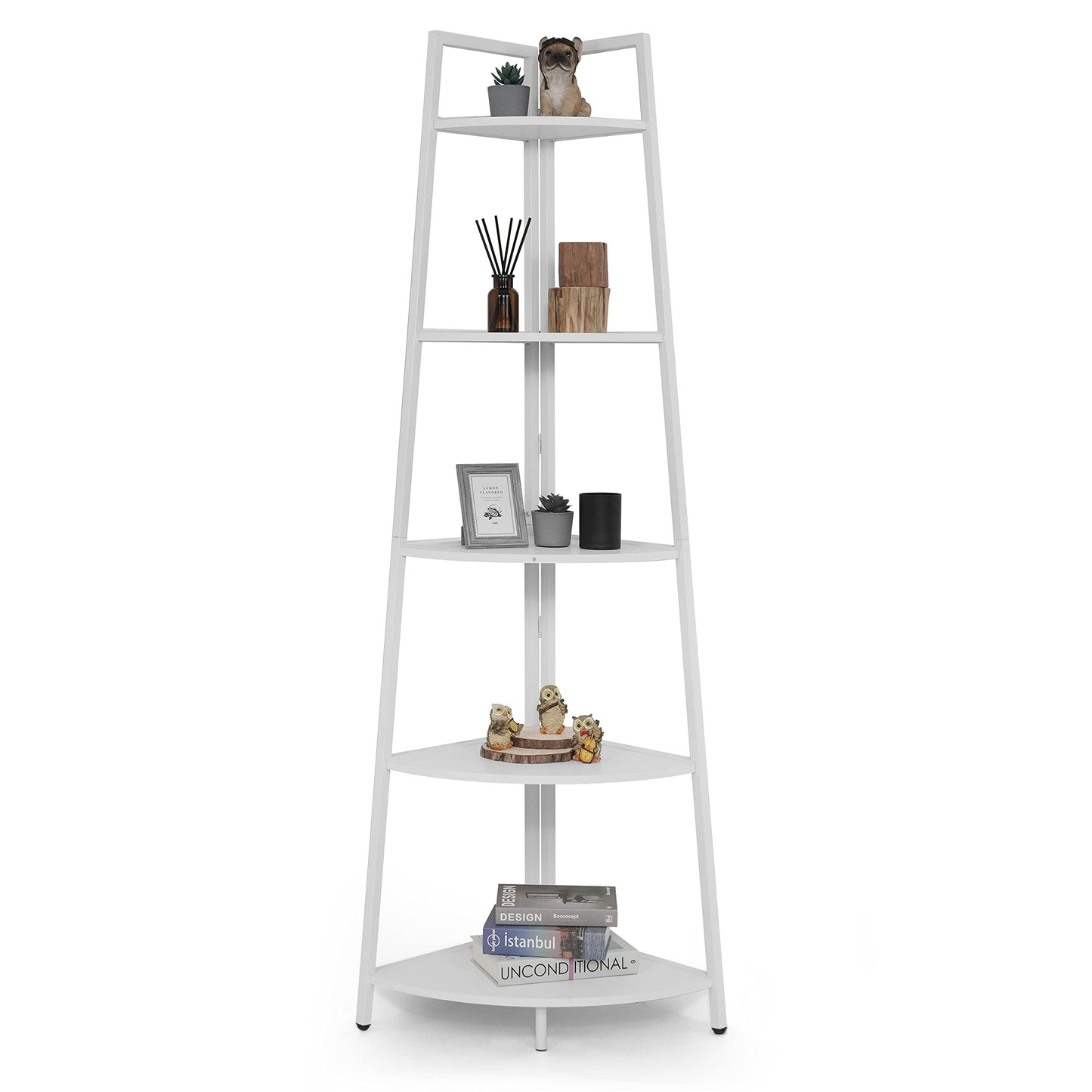 CAPHAUS Tall Corner Shelf Stand, 5-Tier Display Shelves, Ladder Corner Wood Storage Plant Bookshelf with Metal Frame, Versatile Shelving Unit Bookcase for Home Office Space, White