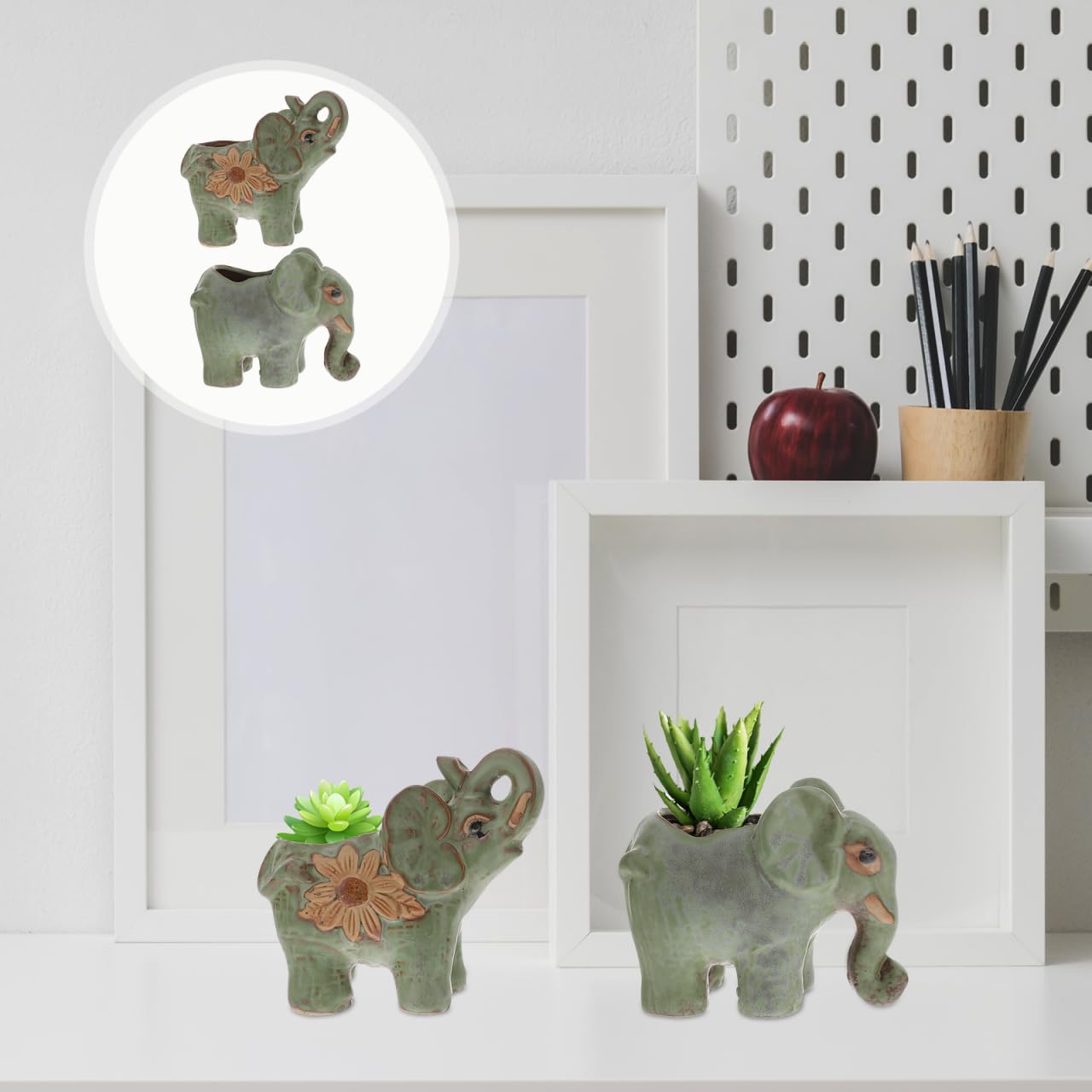 HANABASS 2Pcs Small Ceramic Elephant Planter Green Retro Flower Pots for Succulent Plants Small Cactus Holders Decorative Animal Plant Pots for Indoor Outdoor