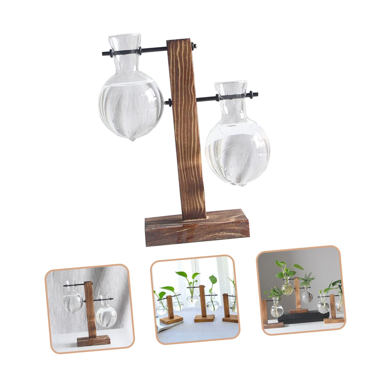 UPKOCH 2pcs Hydroponic Glass Vase with Wooden Stand Modern Terrarium Planter for Home Office Decoration Clean Sanitary Plant Display Elegant Desktop Ornament