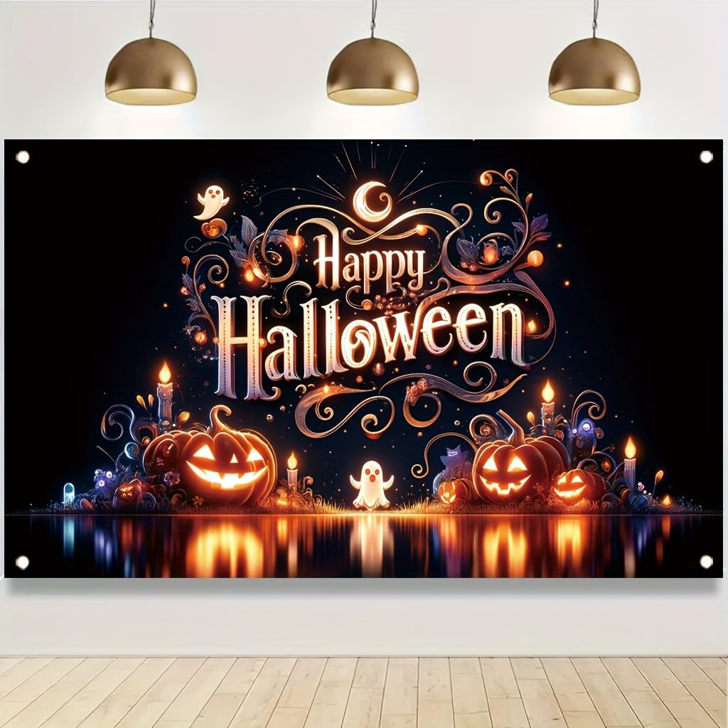 Tomhong Halloween Pumpkin Ghost Light 71x43 Inch Large Party BannerSpooky Jack O Lantern Haunted House Wall Hanging for Trick or Treat Night Indoor OutdoorHoliday Decoration
