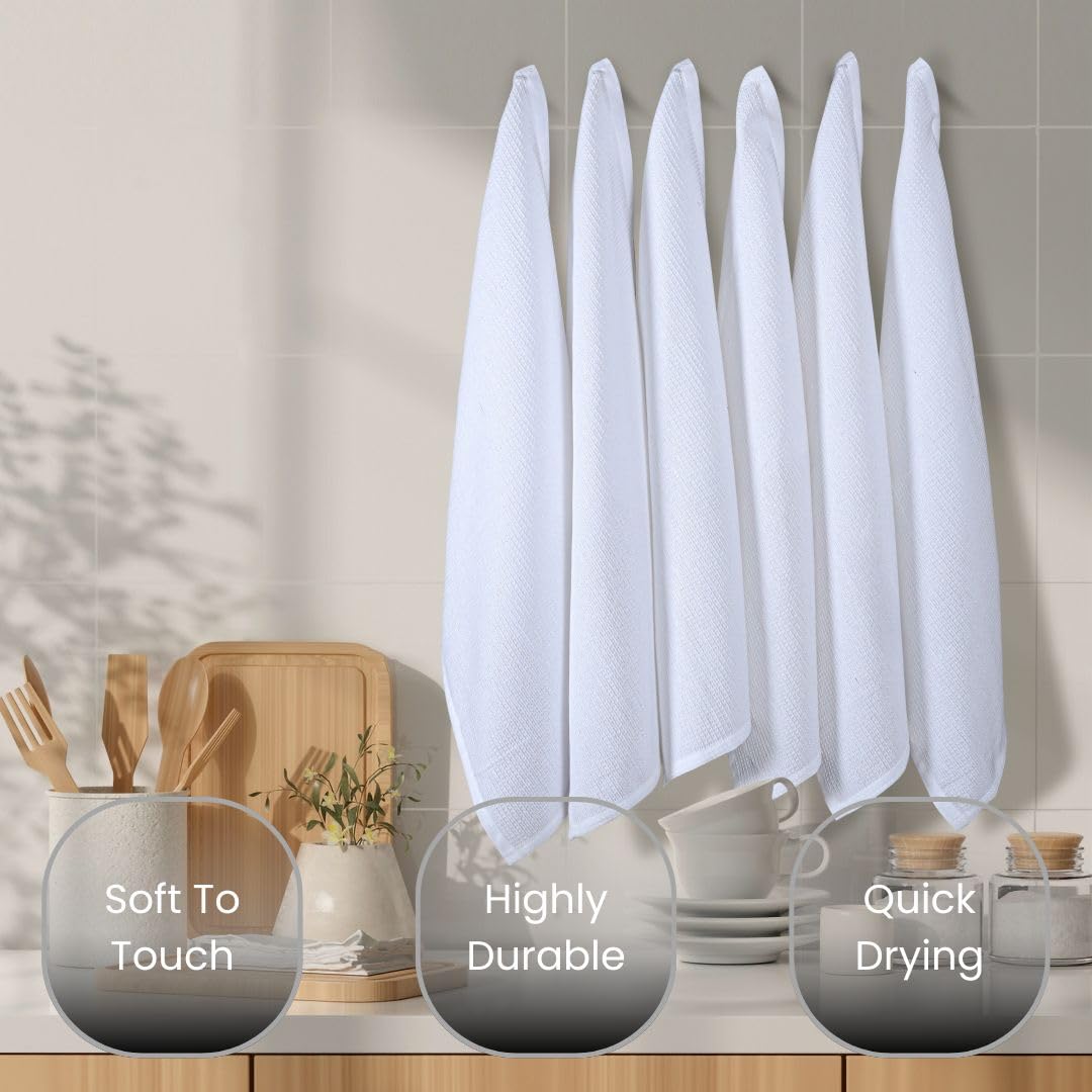 CLOUDLOOM Kitchen Hand Towels Cotton, Set of 6-100% Cotton Waffle Weave Kitchen Towels 16x26 - Soft Absorbent Dish Towels with Hanging Loop for Drying & Cleaning - Tea Towel Set - White