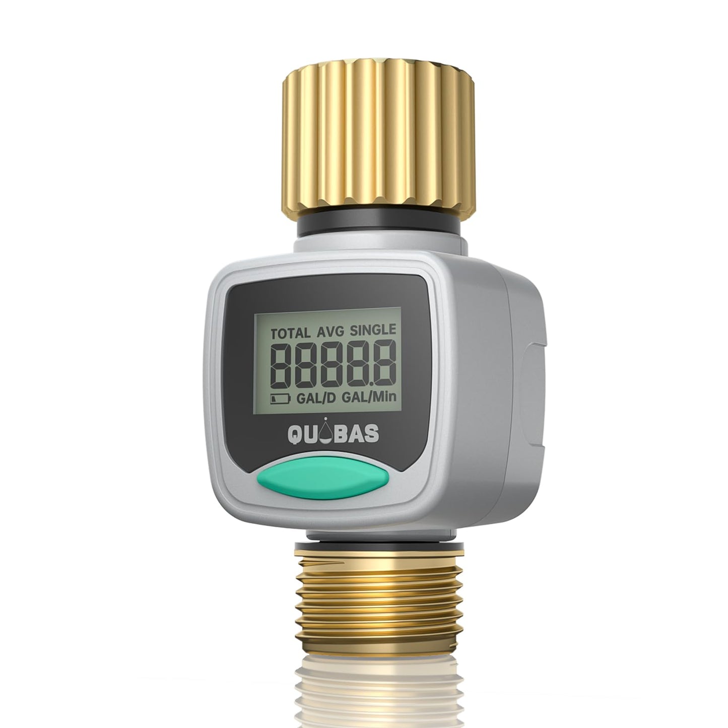 QUOBAS Water Flow Meter with Brass Fittings, Easy-Install Garden Hose Flow Meter for RV, Outdoor Plants, Lawn & Pool, Waterproof Screen, Tracks Gallon/Liter Usage, 4 Modes