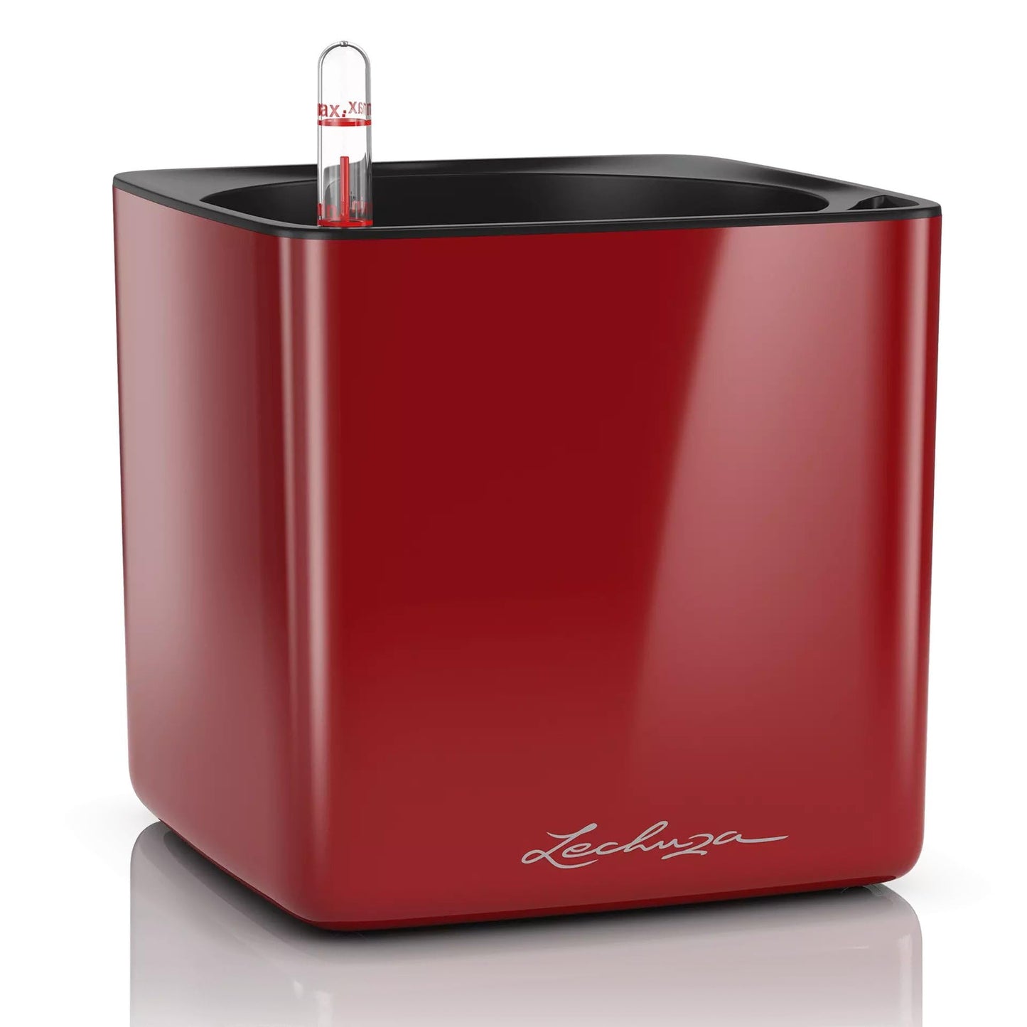 Lechuza Glossy Cube 16 Self-Watering Planter with Water Level Indicator, High Gloss Scarlet Red