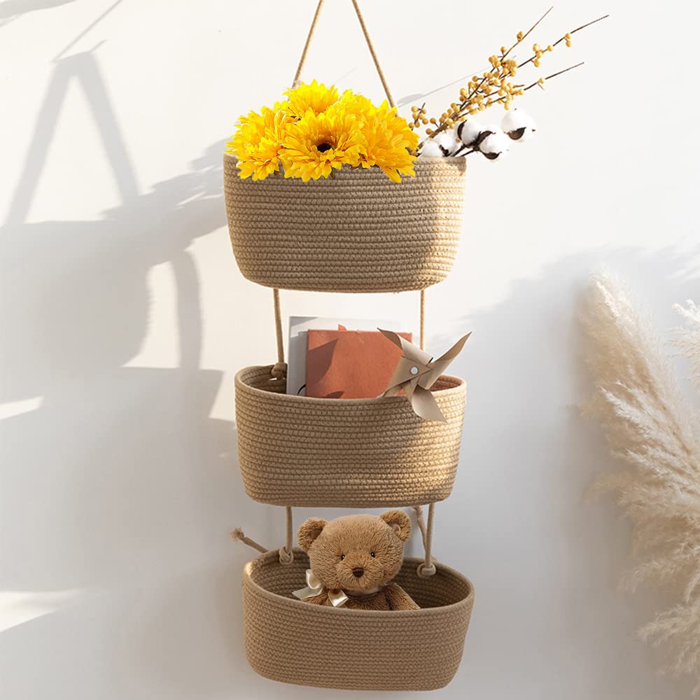 TeoKJ Over the Door Hanging Basket, 3-Tier Woven Cotton Wall-Mounted Storage Organizer Bag Decorative Hanging Nursery Baskets, Jute