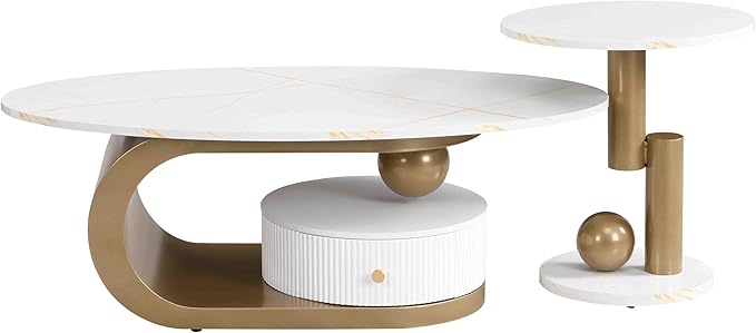 Modern Oval Coffee Table Set of 2, Faux Marble Coffee Table and Round End Table