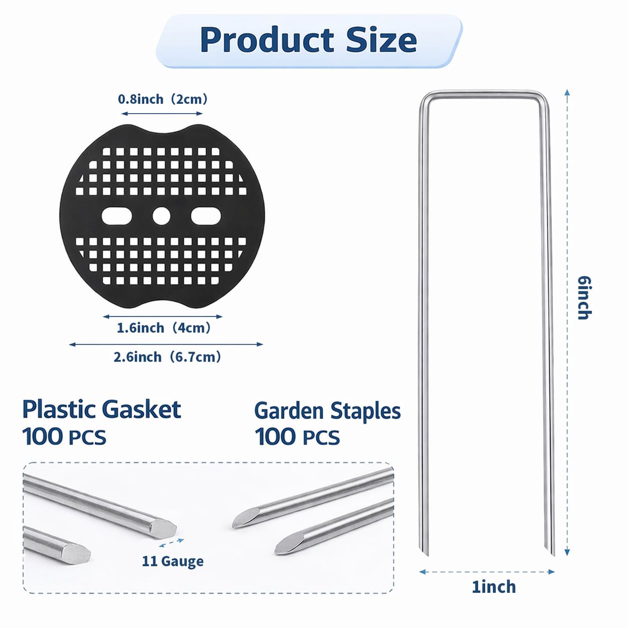 Garden Stakes,6 Inch 11 Gauge 50pcs Galvanized Landscape Staples + 50pcs Gaskets + 1Pick Hook, U-Shaped Heavy Duty Ground Stakes for Weed Barrier Fabric, Turf, Sod, Ground Cover
