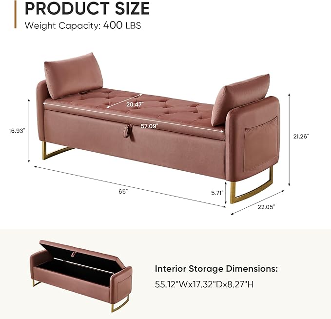 65" End of Bed Storage Bench, Modern Storage Benches