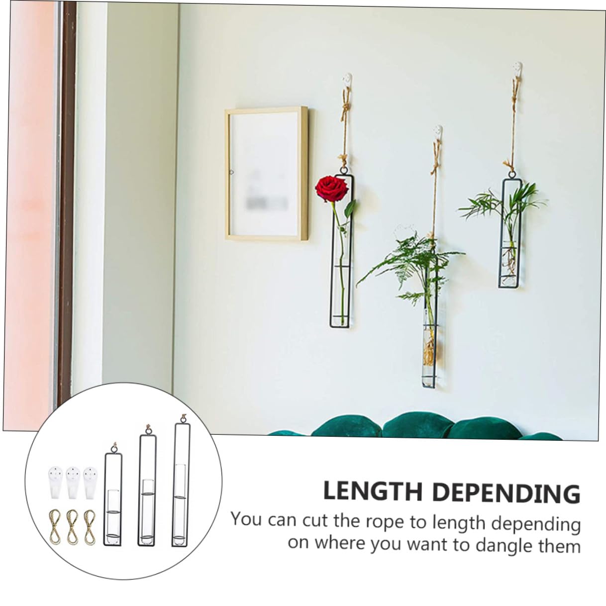 BESTonZON Wall Hanging Hydroponic Glass Test Tube Flower Vase Set with Iron Frame Plant Propagation Tubes for Home Garden Decoration Includes 3 Hemp Ropes and 3 Adhesive Hooks