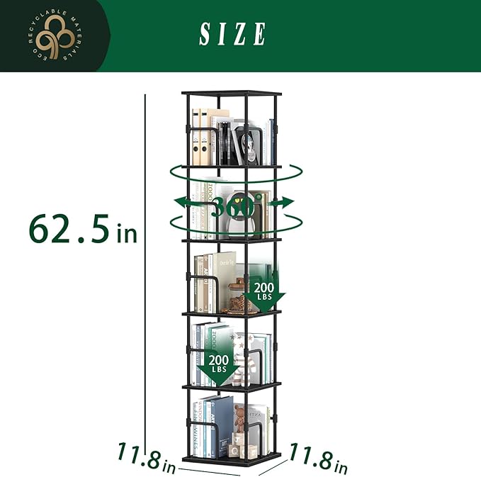 5-Tier Rotating Bookshelf, Freestanding Corner Bookshelf Industrial Style