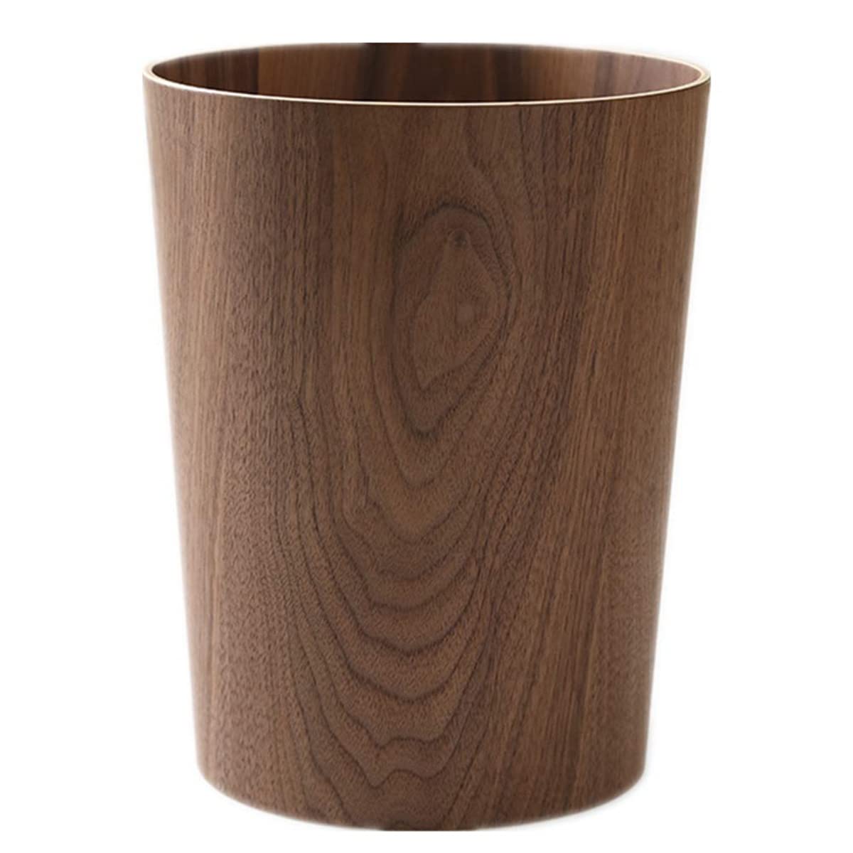 BISOZER Round Stackable Wastebasket, Natural Wood Garbage Recycling Bin for Bathrooms, Kitchens, Home Offices (Dark Wood)