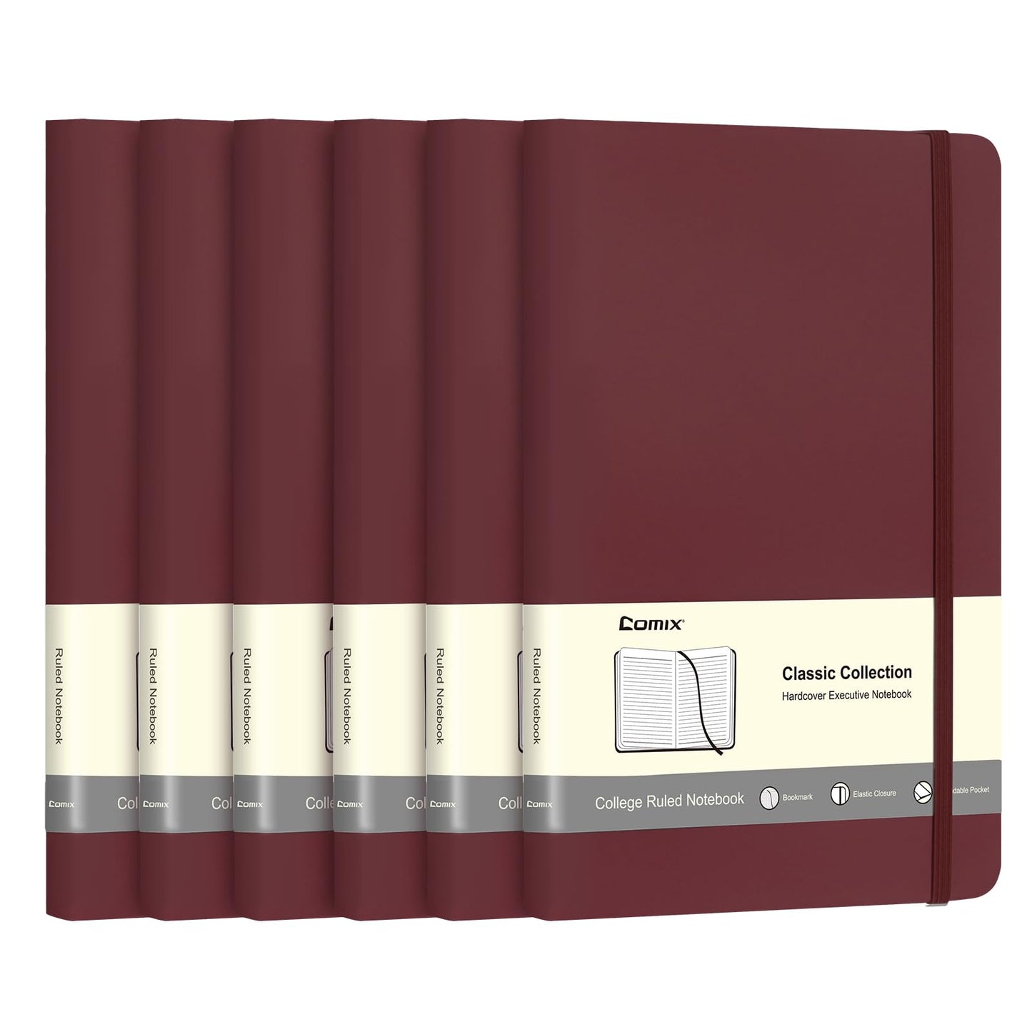 Comix 6 Pack Lined Journal Notebooks, 240 Pages, 5.5 x 8.3 inch, Burgundy, A5 Medium Hardcover Notebooks, Classic College Ruled Notebooks for Writing