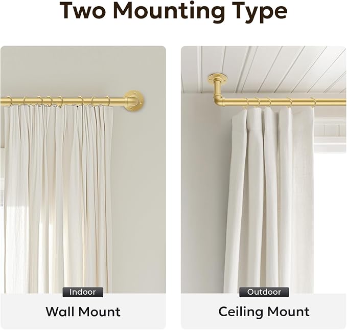 Zeerobee Curtain Rods for Windows 72 to 144, 1 Inch Industrial Wrap Around Gold Curtain Rod, Indoor/Outdoor Room Divider Adjustable Drapery Pole, 72"-144"