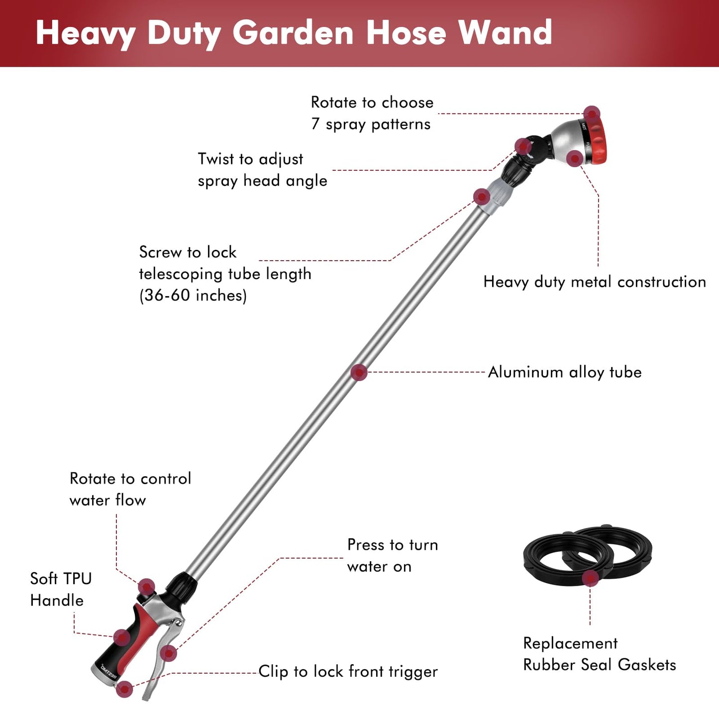 RESTMO 36”-60” Metal Watering Wand, Long Telescopic Tube | 180° Adjustable Ratcheting Head | 7 Spray Patterns | Flow Control, Perfect Garden Hose Sprayer to Water Hanging Baskets, Shrubs, Red