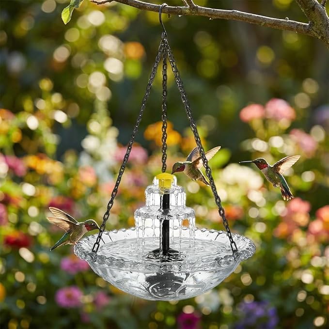 Solar Hanging Bird Bath with Fountain Cascade, Solar Powered Cascade Hanging Bird Bath Fountain with Solars Pump,for Outdoor and Gardens,for Outdoor and Gardens (Gray)