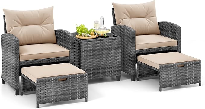 Tangkula 5 Pieces Patio Conversation Set, PE Wicker Rattan Outdoor Furniture Set