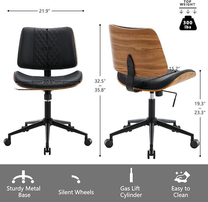 Home Office Chair No Arms with Wheels, Adjustable Height Small Desk Chair
