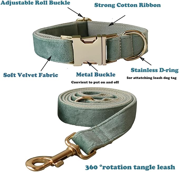 Love Dream Velvet Dog Collar and Leash Set, Soft & Comfy Adjustable Dog Leash and Collar with Heavy Duty Metal Buckle for Small Medium Large Dogs Training & Walking (Medium, Mint Green)