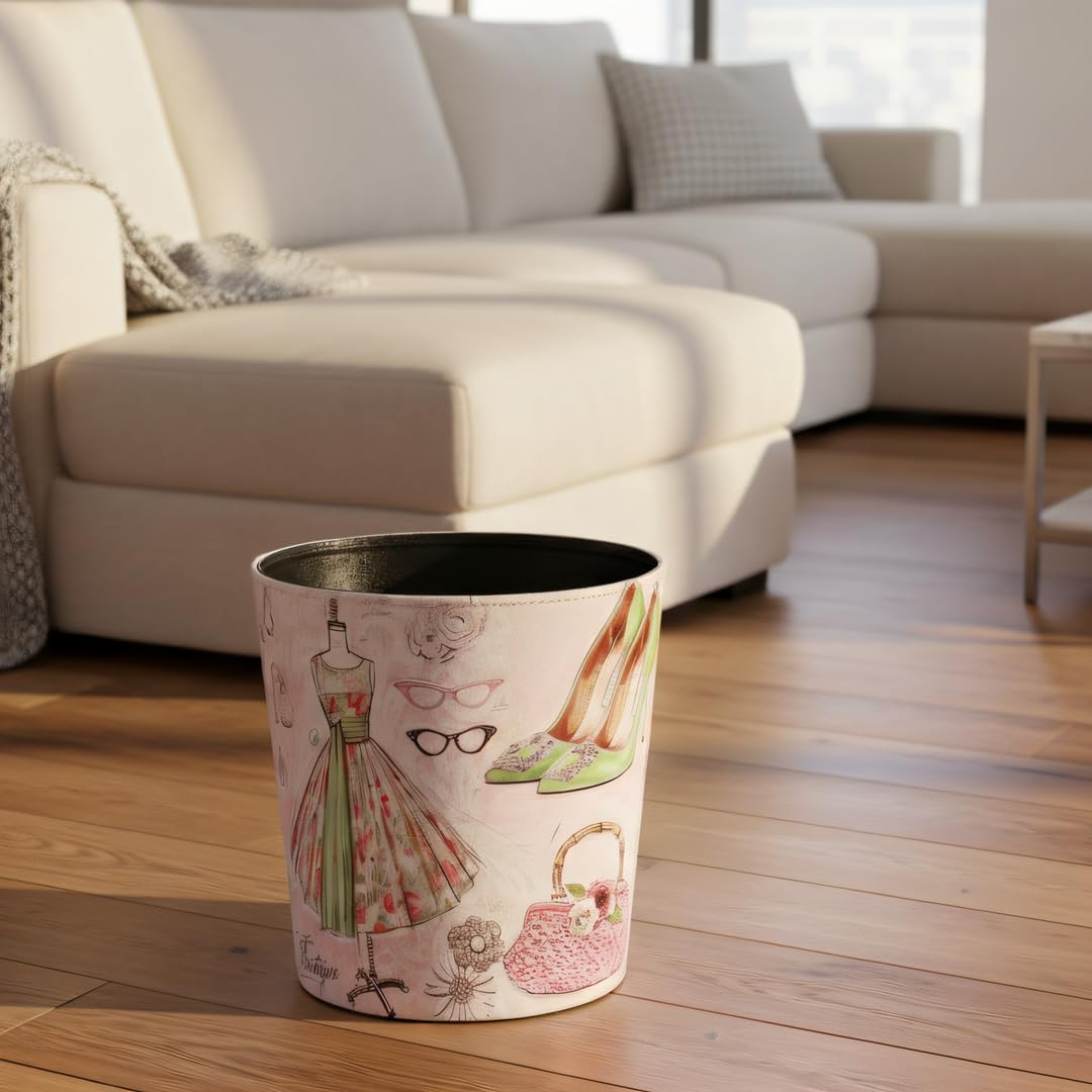 PU Leather Small Trash Can Wastebasket, Round Garbage Container Basket for Bathrooms, Laundry Room, Kitchens, Offices, Kids Rooms, Bedrooms,Dorms,Home Decorative Art Bin, 2.9 Gallon(Fashion Style)